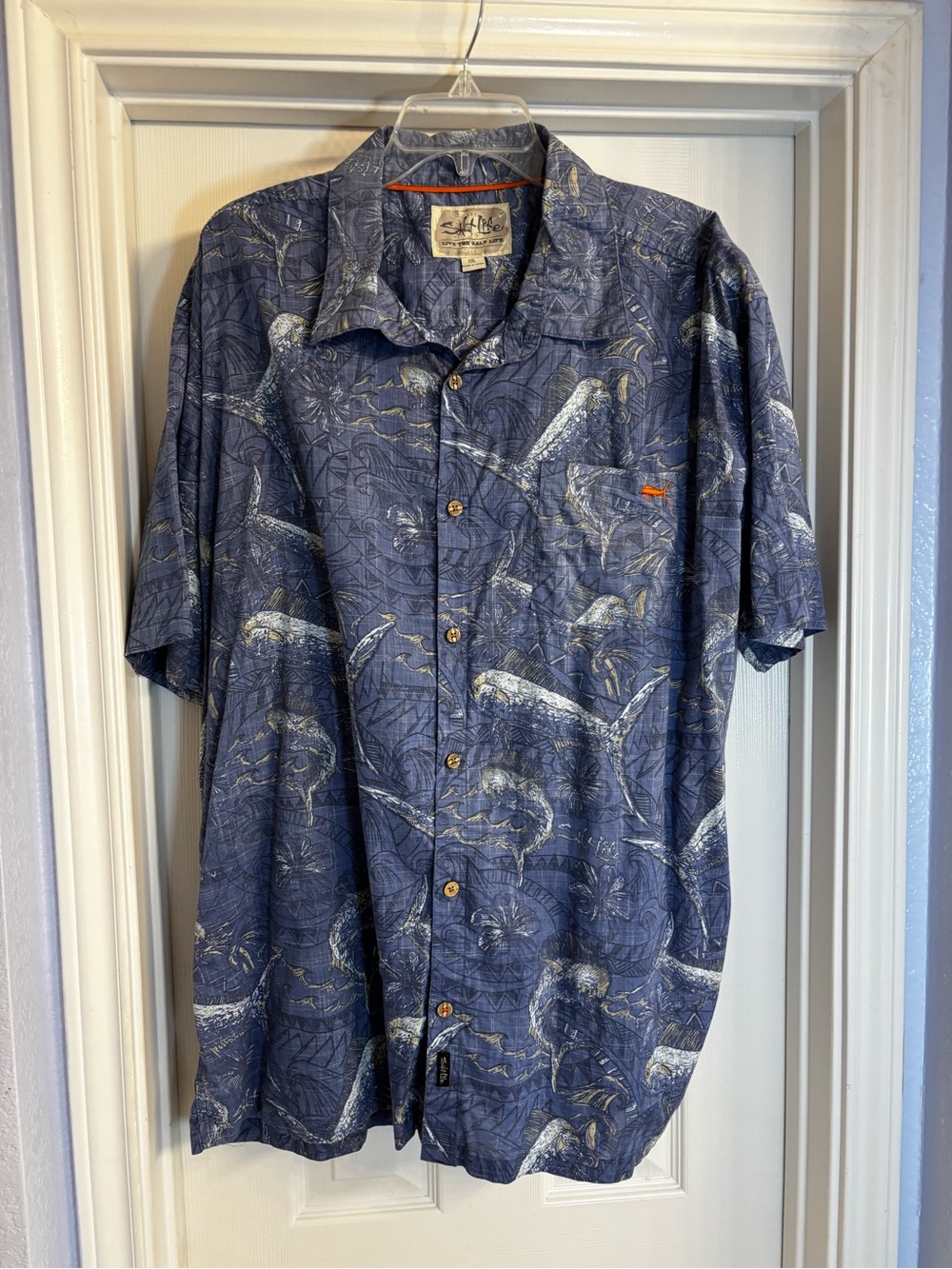 Salt Life Men’s XXL Fishing Shirt Blue Fish Print Cotton Short Sleeve Button Up